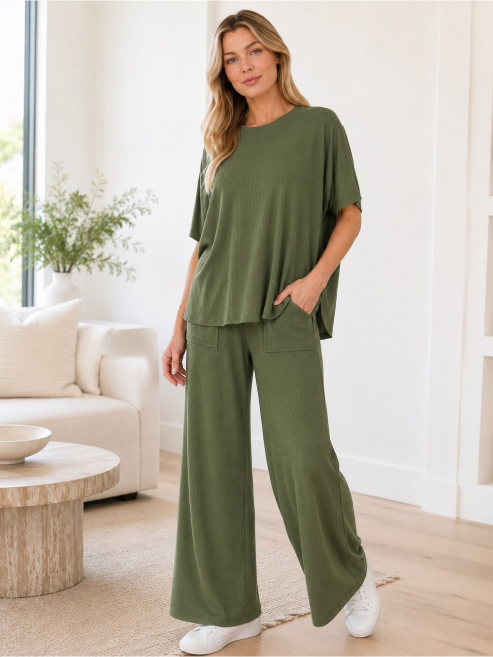Zenana Outfitters Olive Relaxed Ribbed Short Sleeve and Pants Set